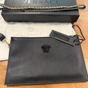 Versace Black Wristlet - Pochette Vitello Saffiano LEATHER - BRAND NEW
